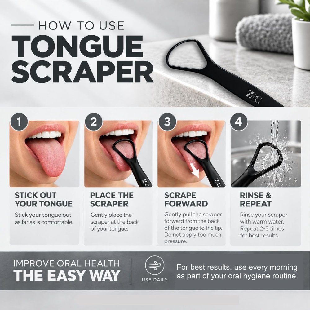 Imagen Cómo usar corregida: debajo de TONGUE SCRAPER ya no hay un renglón tapado, y la frase For best results va en la misma tipografía